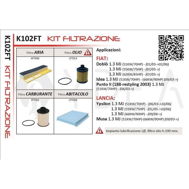 Immagine di KIT FILTRAZIONE PER DOBLO', IDEA,PUNTO II, YPSILON, MUSA YDEA K102FT IMPIANTO UFI