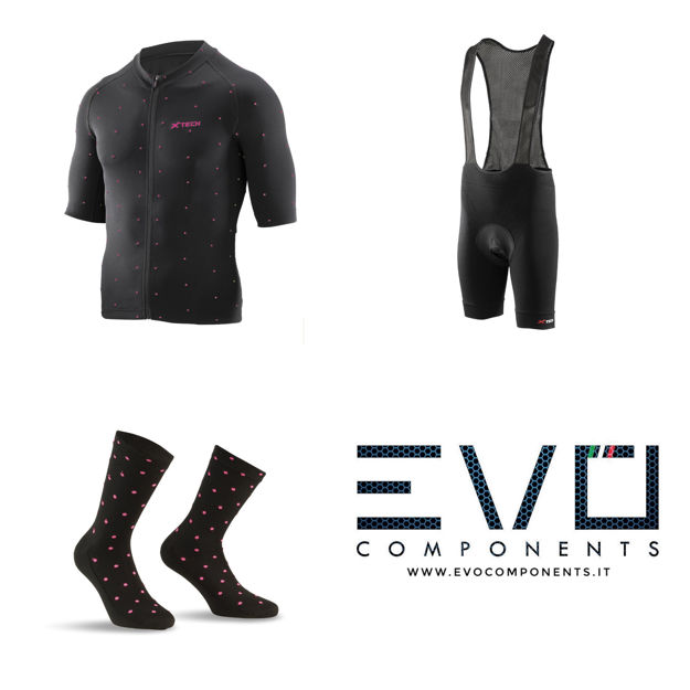 Picture of Completo ciclismo Xtech maglia Star nera fucsia - salopette Rise - calza XT155 nera fucsia