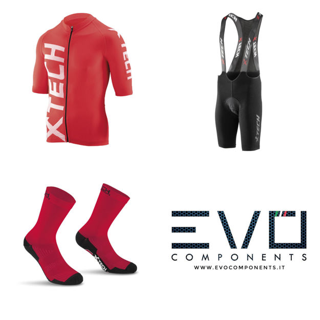 Immagine di Completo ciclismo Xtech maglia Speed - salopette podium - calza professional carbon rossa