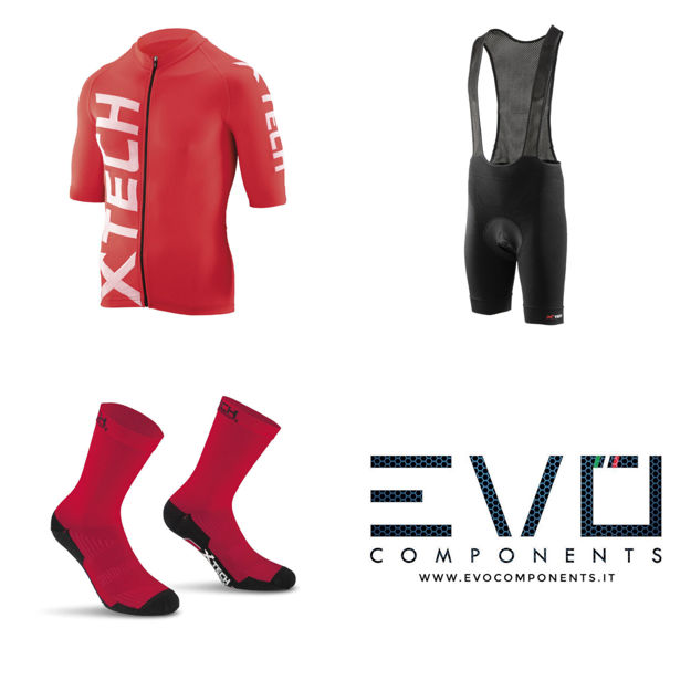 Immagine di Completo ciclismo Xtech maglia Speed - salopette Rise - calza professional carbon rossa