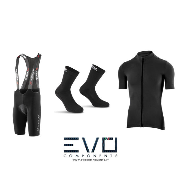 Picture of Completo ciclismo Xtech maglia Essential nera - salopette podium - calza professional carbon nera