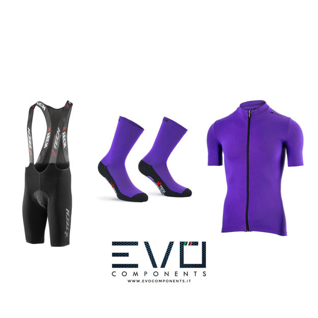 Immagine di Completo ciclismo Xtech maglia Essential viola - salopette podium - calza professional carbon viola