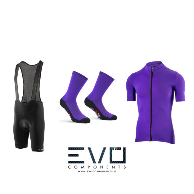 Immagine di Completo ciclismo Xtech maglia Essential viola - salopette Rise - calza professional carbon viola